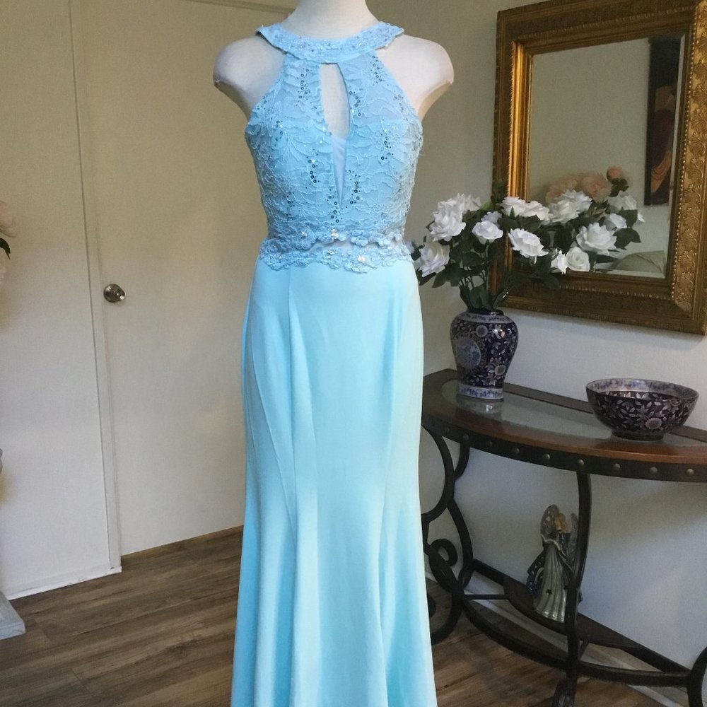 RORY Formal Maxi Long Dress Halter Neck Sequined Bodice A-Line Sleeveless Blue S